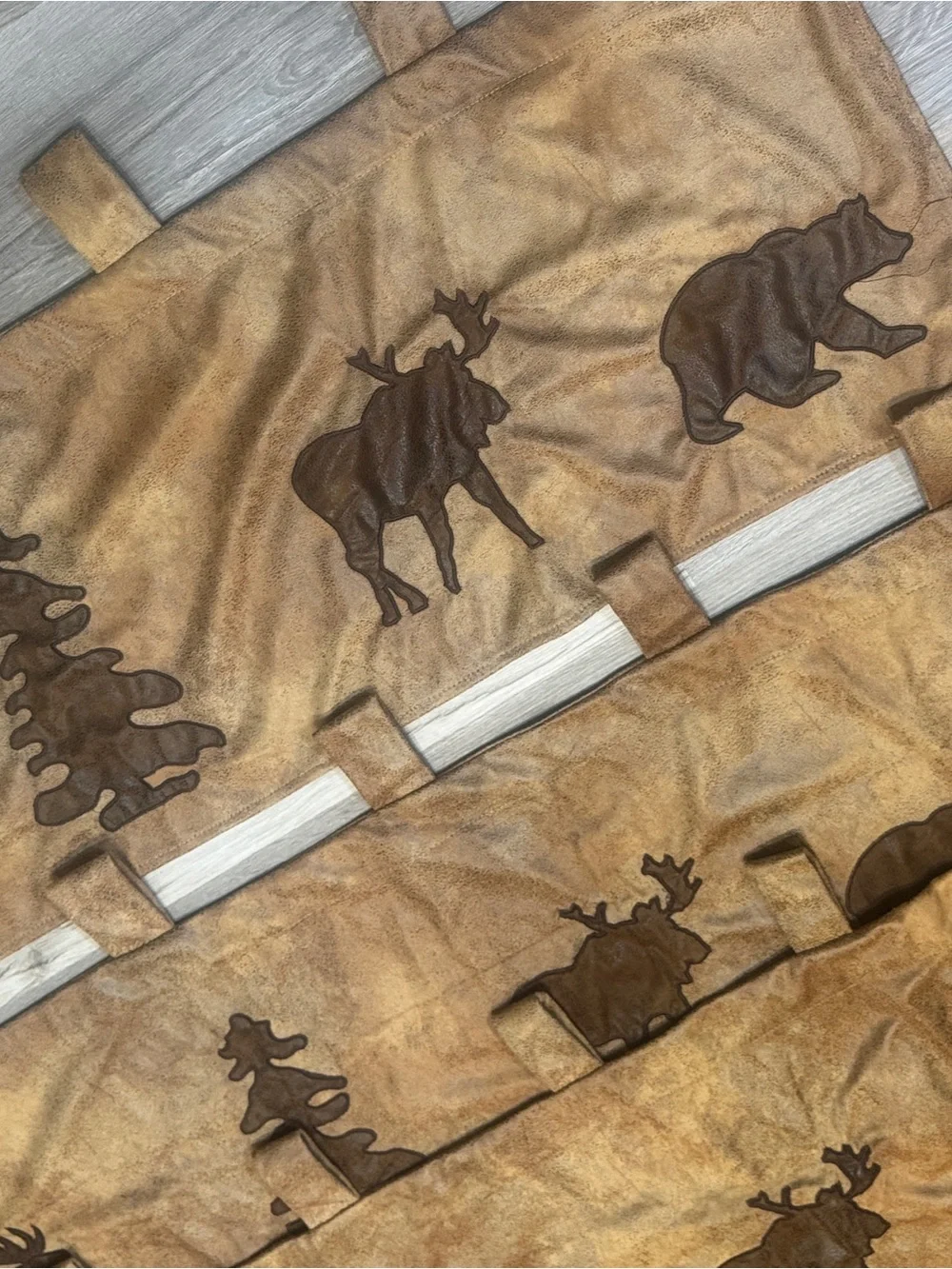 Set of 4 Faux Suede Rustic Moose, Bear, Pine Tree Curtain Adirondack- Brown